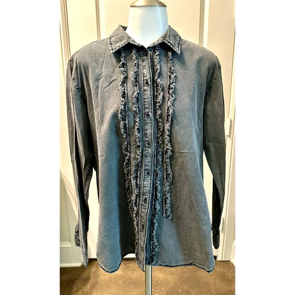 Pilcro by Anthropoligie Denim Ruffle Long Sleeve Button Down - Medium